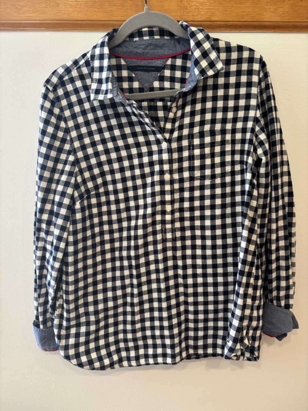 Tommy Hilfiger Navy and White Gingham Half Button Down Shirt - Women’s